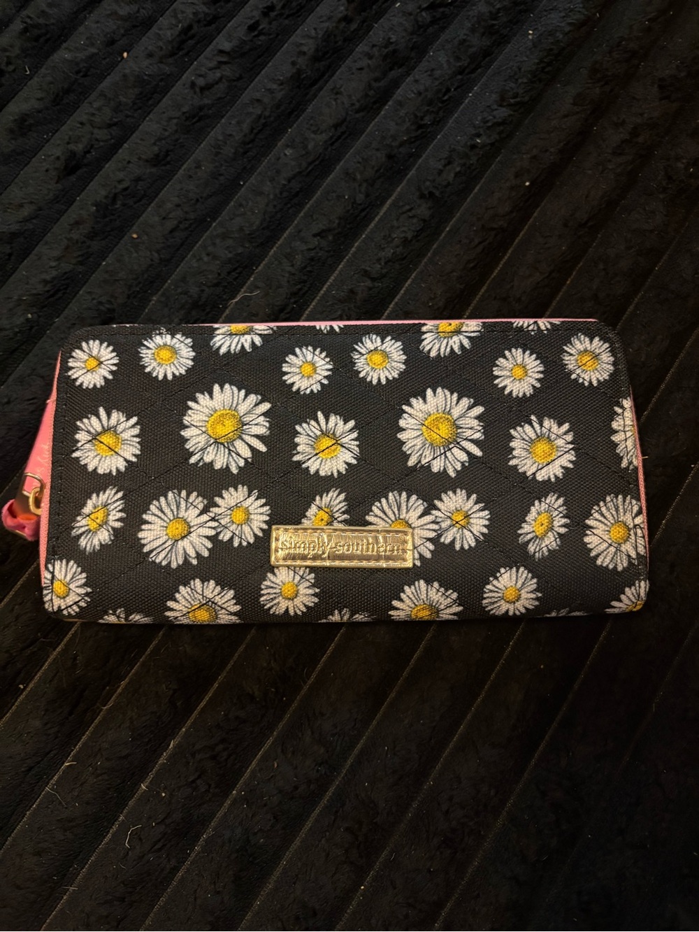 Simply Southern Black Daisy Zip Wallet with Pink Trim